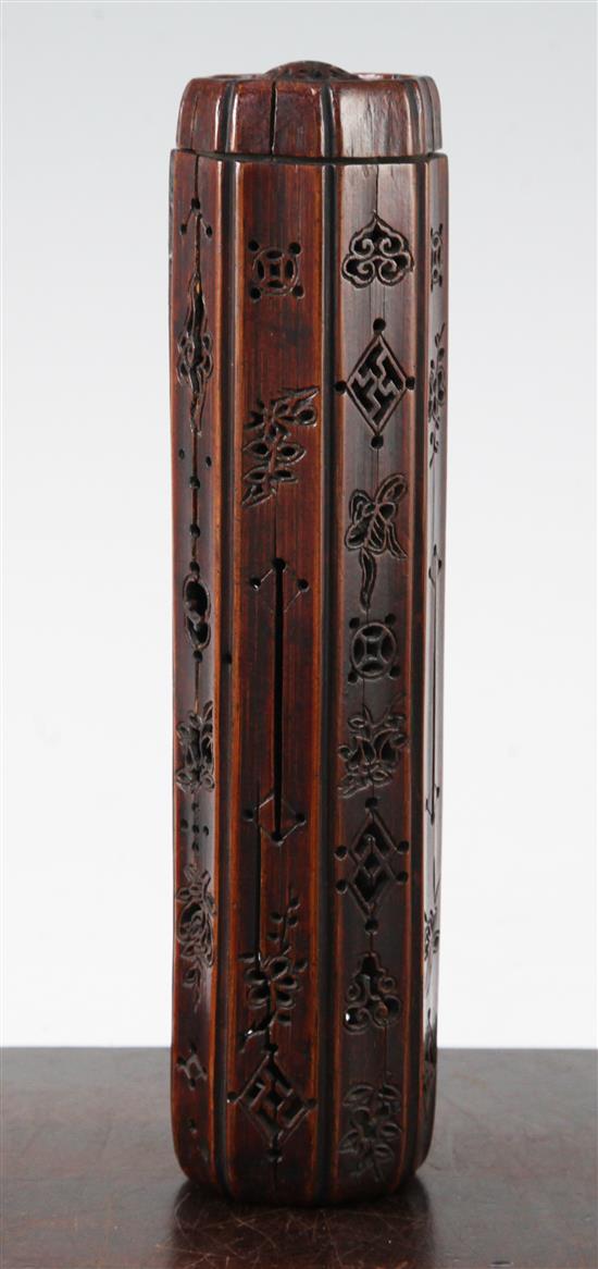 A Chinese bamboo perfume holder and cover, 19th century, 21.2cm, splits and slight losses